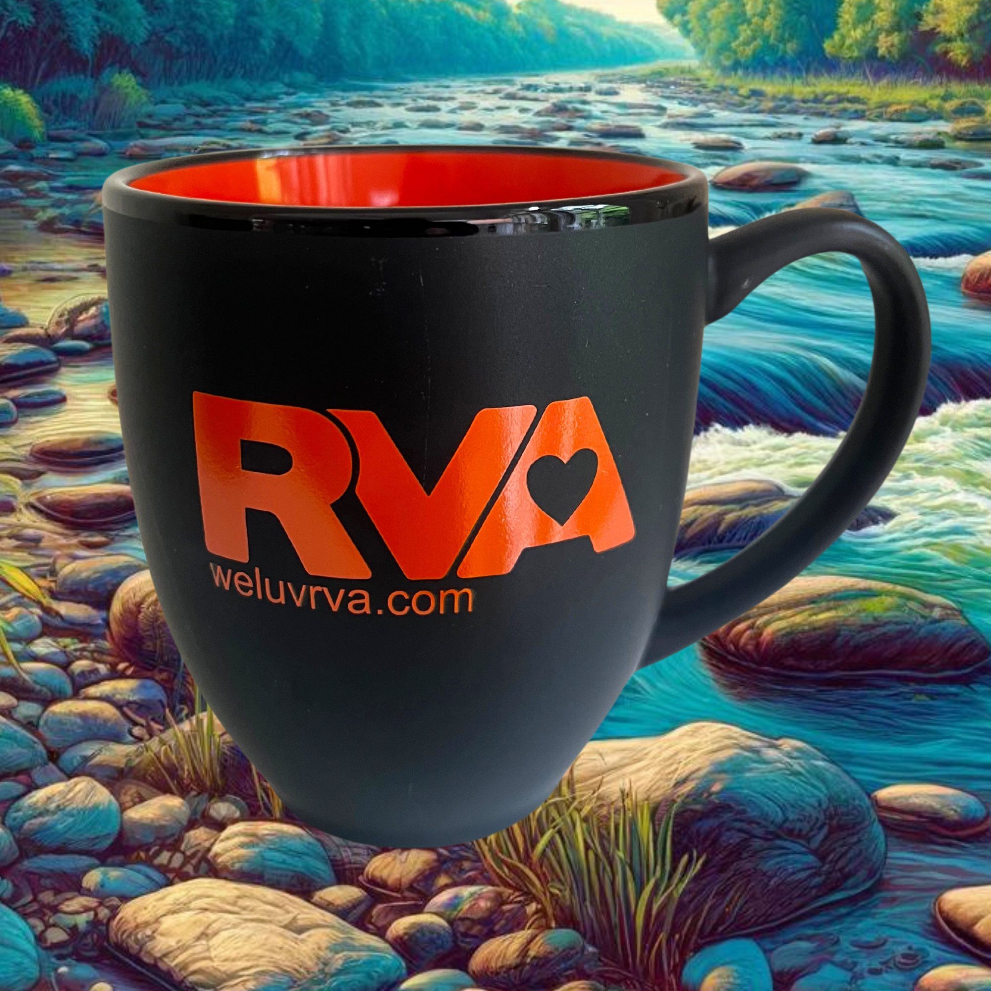 The #weluvrva Mug, a Richmond Virginia ceramic coffee mug with the iconic RVA heart logo, shown along the James River